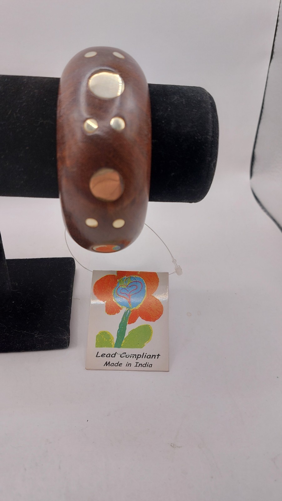 Rounded Wood Bracelet Beautiful Grain Metal Inlay Dots