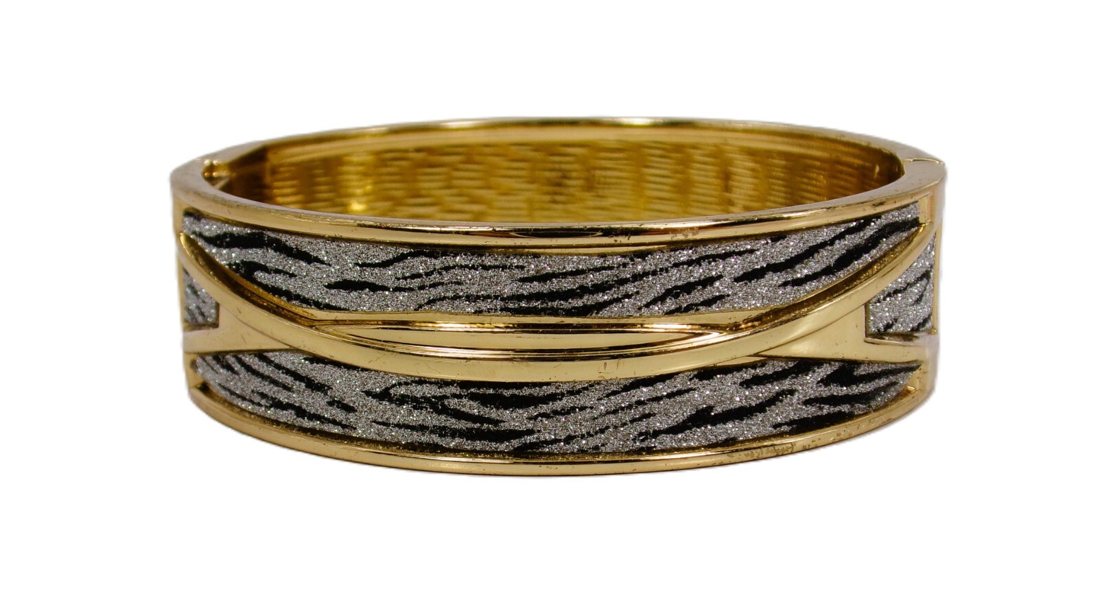 Gold bangle wide bracelet with a silver and black sparkle, spring opening New