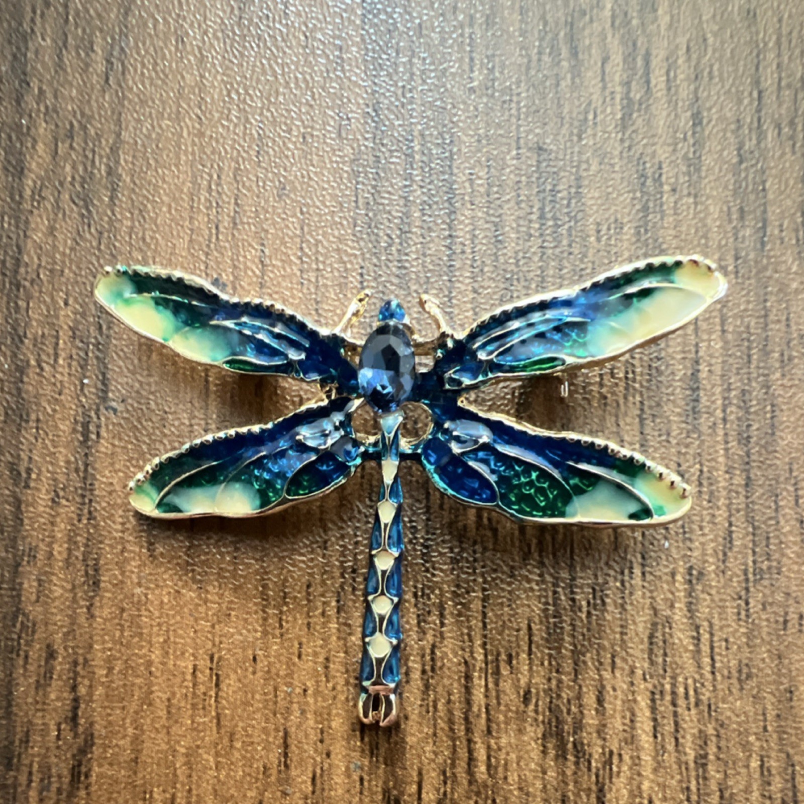 Dragonfly Brooch, Blue Green Gold Enamel Metal, Glass Oval Stone, 2 Inch