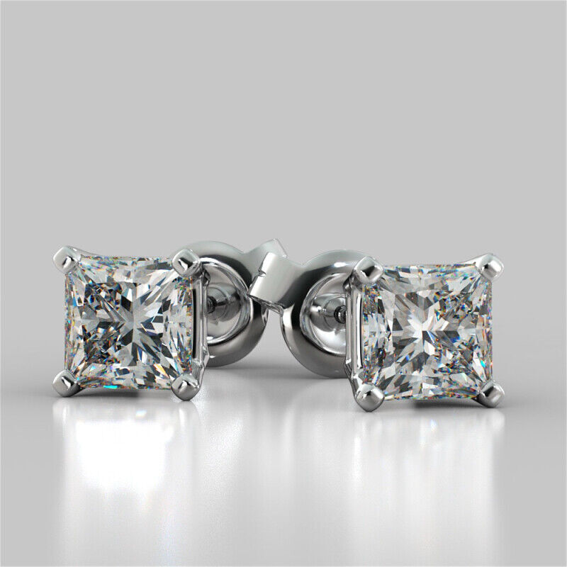 14k princess cut stud earrings lab simulated diamonds yellow or white gold