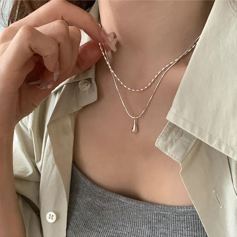 Snake Chain Necklace Rice Droplet 925 Sterling Silver Double Layer Jewelry