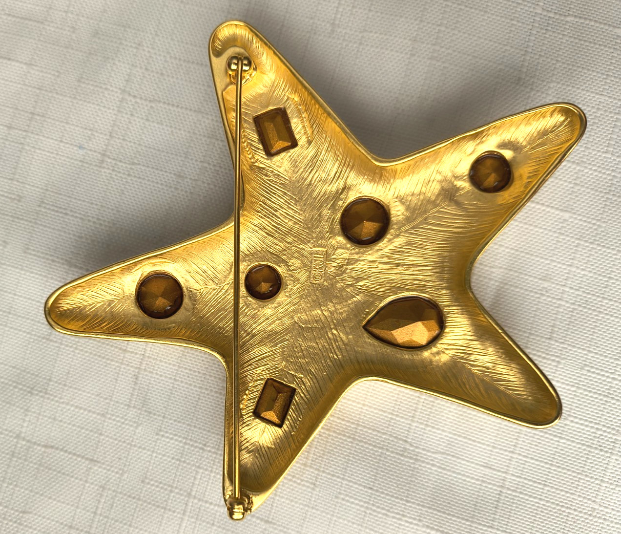 Signed JKL KENNETH JAY LANE Large Gold Tone with Crystals Starfish Pin 3 3/4″