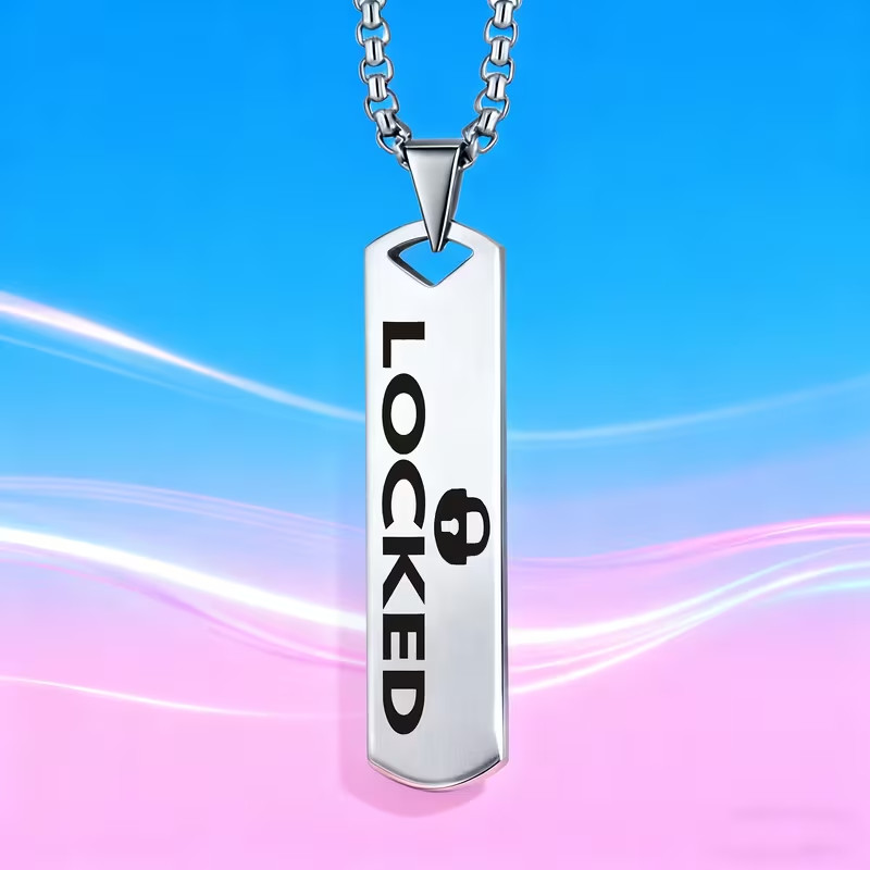 Mens Stainless Steel Chastity Locked Fetish BDSM Kink Themed 60 cm Necklace