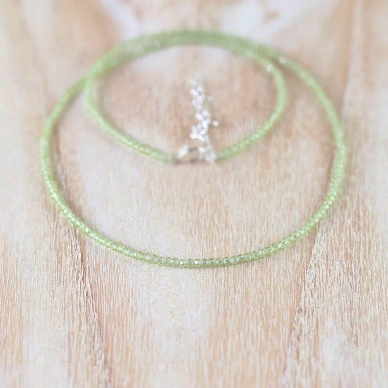2mm Peridot Crystal Gemstone Faceted Beads Dainty Choker Necklace Minimalist