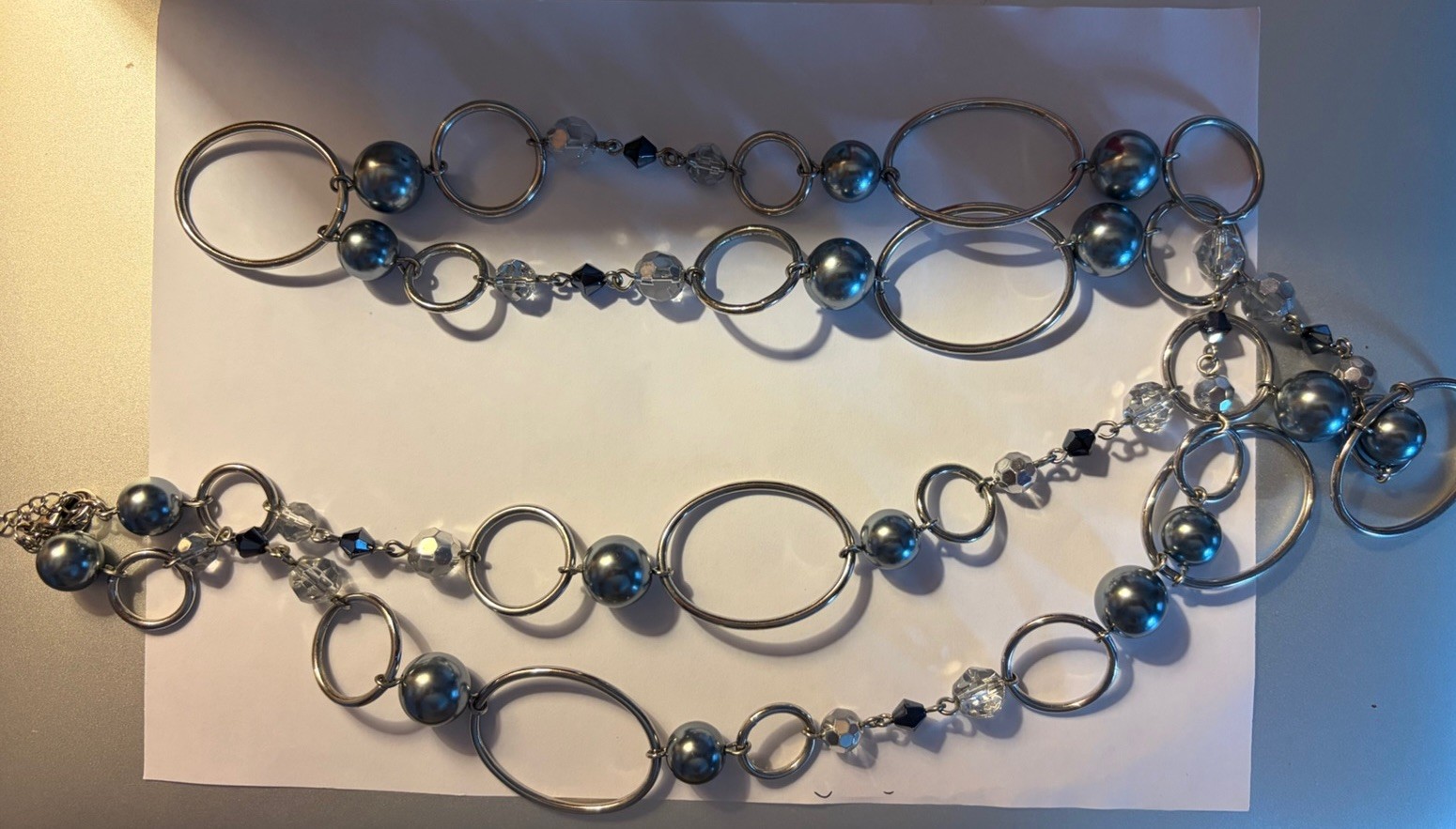 Lia Sophia Silver Tone Necklace With Blue Faux Pearls, Clear, Faceted Beads, 26”