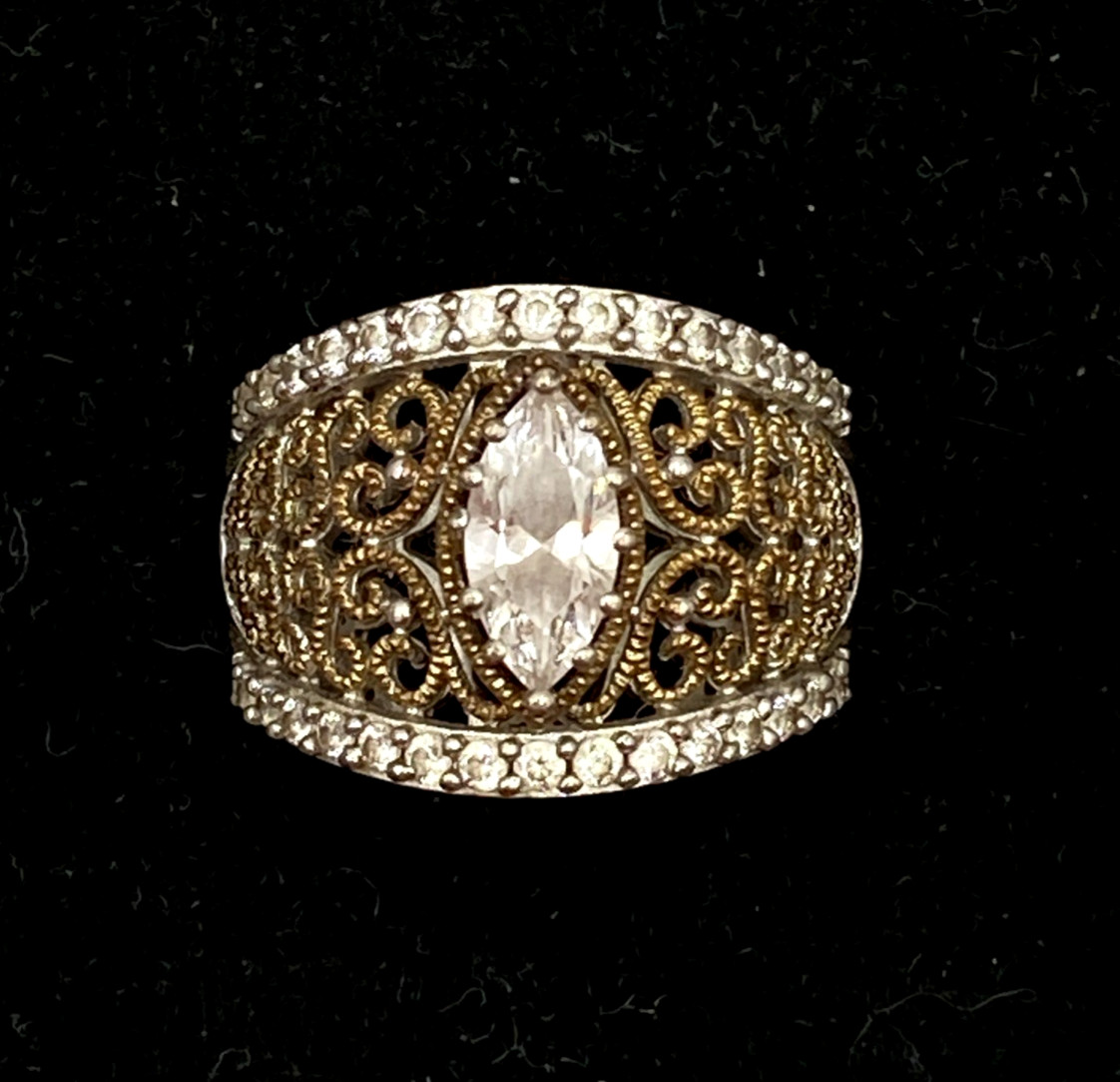 Verragio Womens 2 Tone Sterling 925 Marquise Filigree Cocktail Ring Size 8 /8.5g