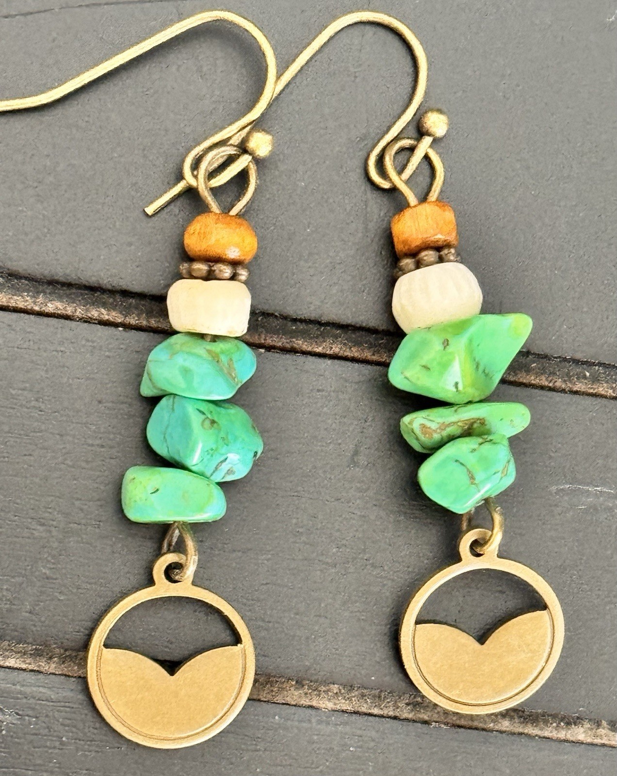 Bronze, Ivory, Brown and Green Turquoise Earrings.