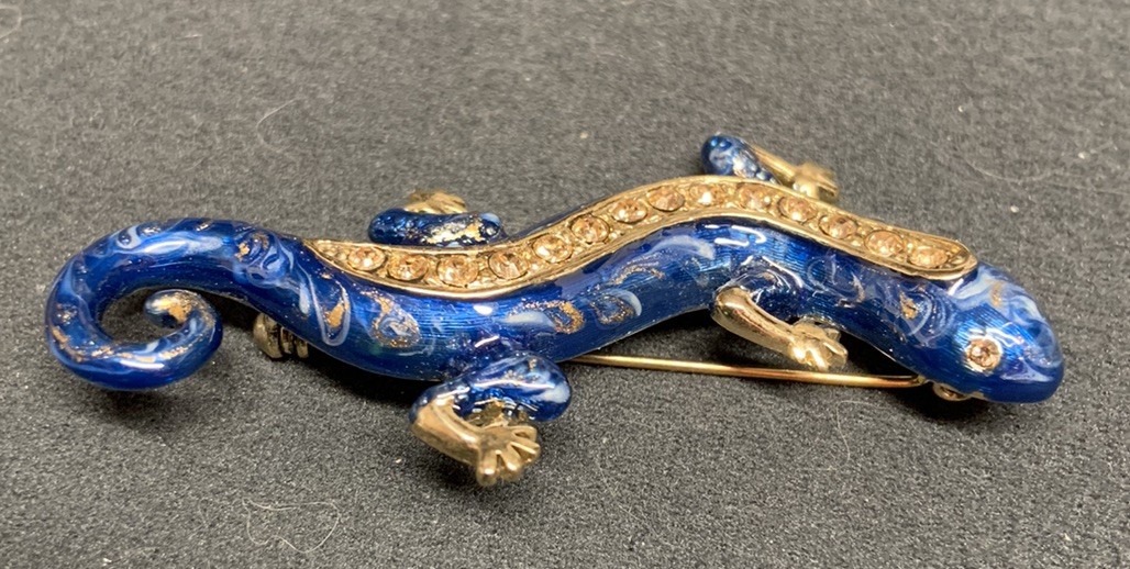 Vintage Monet Blue Lizard Salamander Pin Brooch Rhinestones 2.4” in Long USED