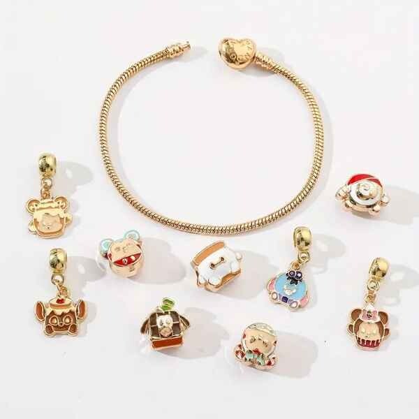 🍬 Cute Munchlings Charm Bracelet 6.7″ Golden Tone Zinc Alloy w/9 Disney Charms