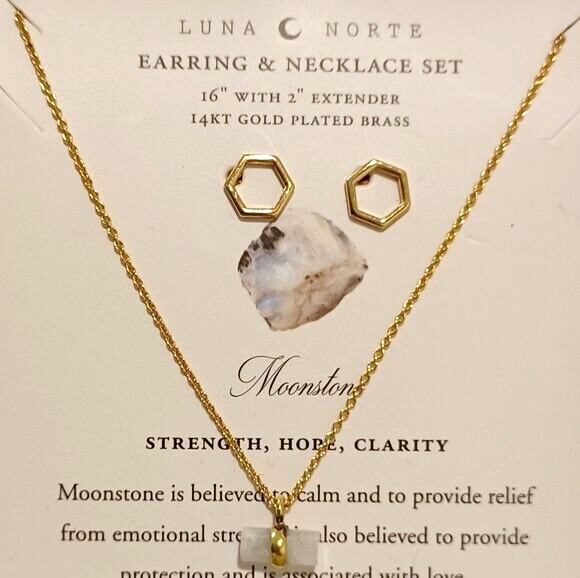 Luna Norte Necklace Stud Earrings Set Moonstone Pendant/Hexagon 14K Gold-Plated