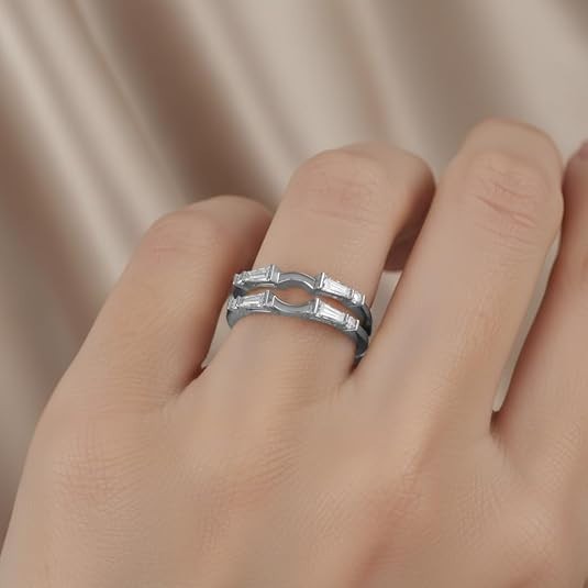 Enhancer Guard Ring Simulated Diamond Baguette & Round 14K White Gold Plated