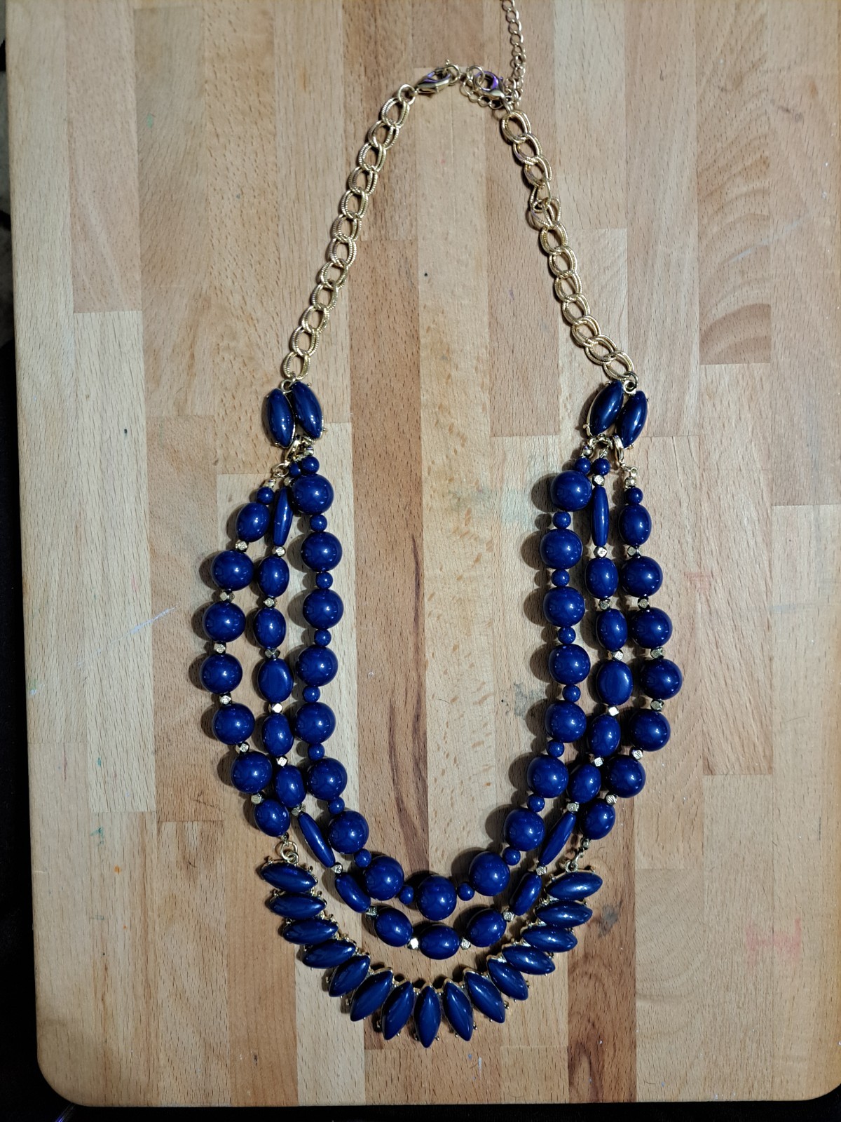 Navy & Gold-tone Layered Necklace Longest Removable Strand is 13″ w/4″ Extender