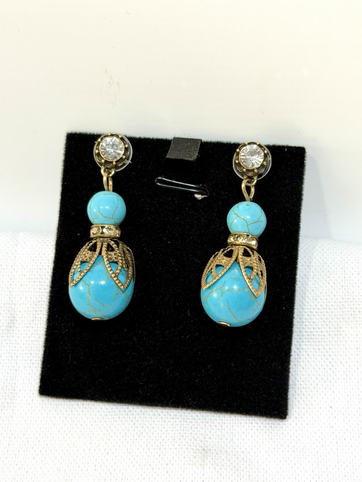 Vintage Style Turquoise Drop Earrings Gold Tone Rhinestone Boho Dangle
