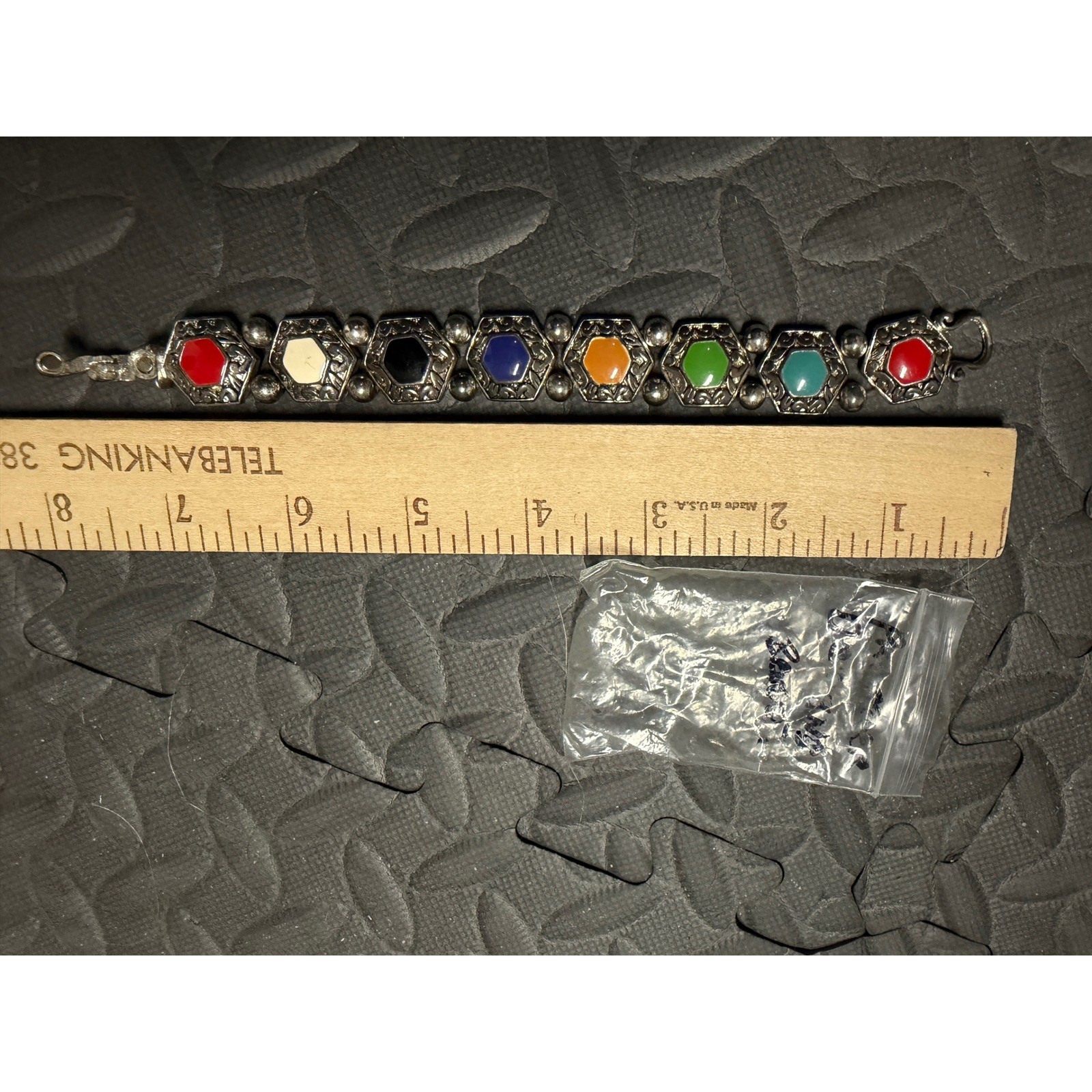 Premier Designs Link Bracelet Enamel Hexagon Silver Stone Engraved Jewelry Gift