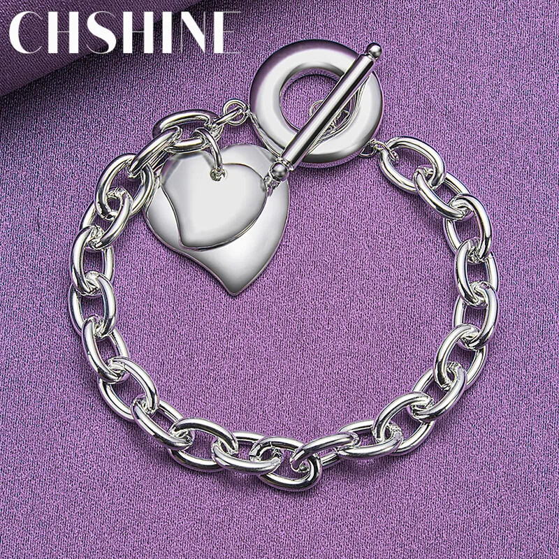 CHSHINE 925 Sterling Silver Double Heart Pendant Bracelet Fashion Charm Jewelry