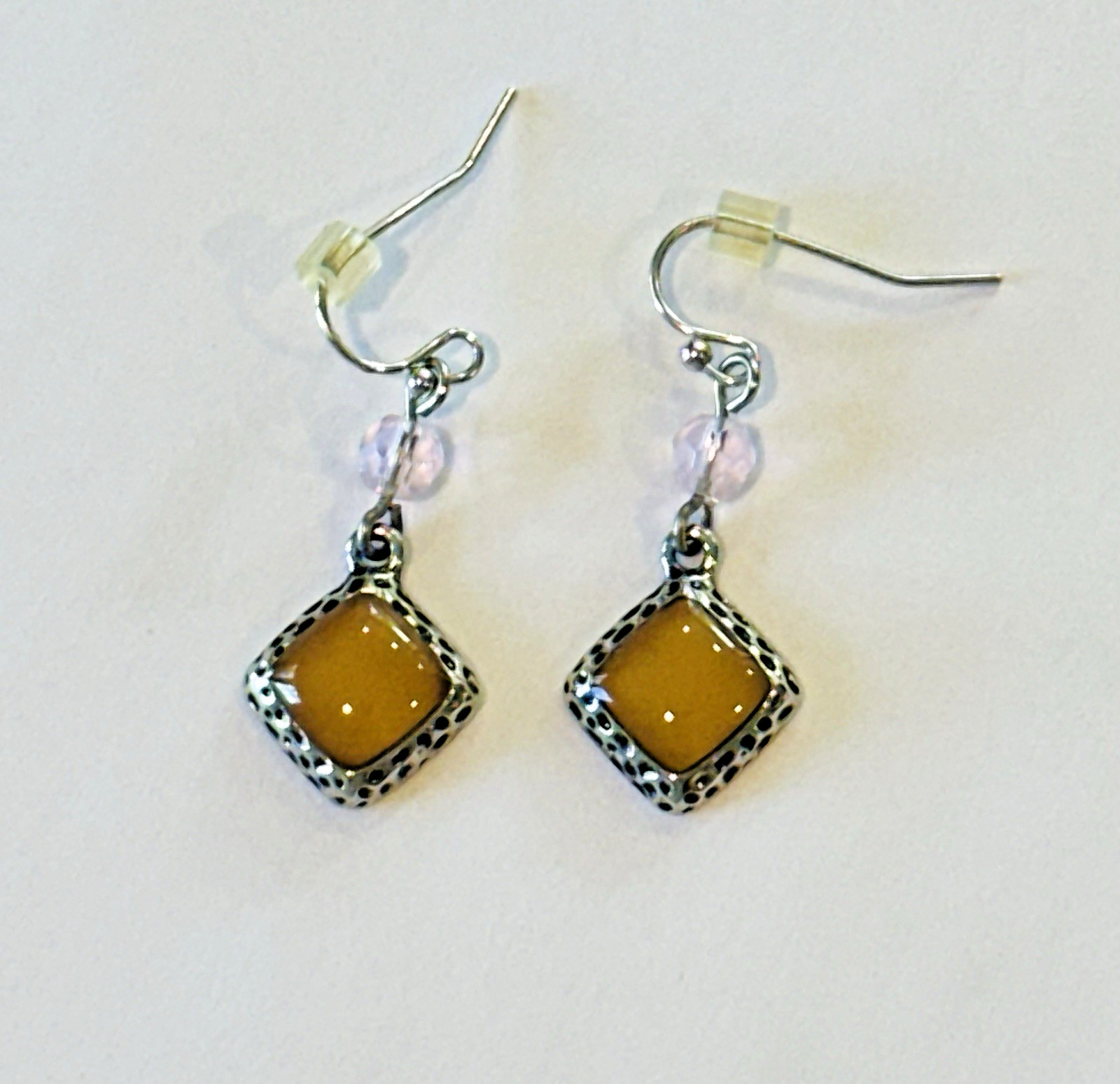 Lia Sophia Silver Tone Dangle Earrings Amber Pink Bead Accent Fish Hook Boho