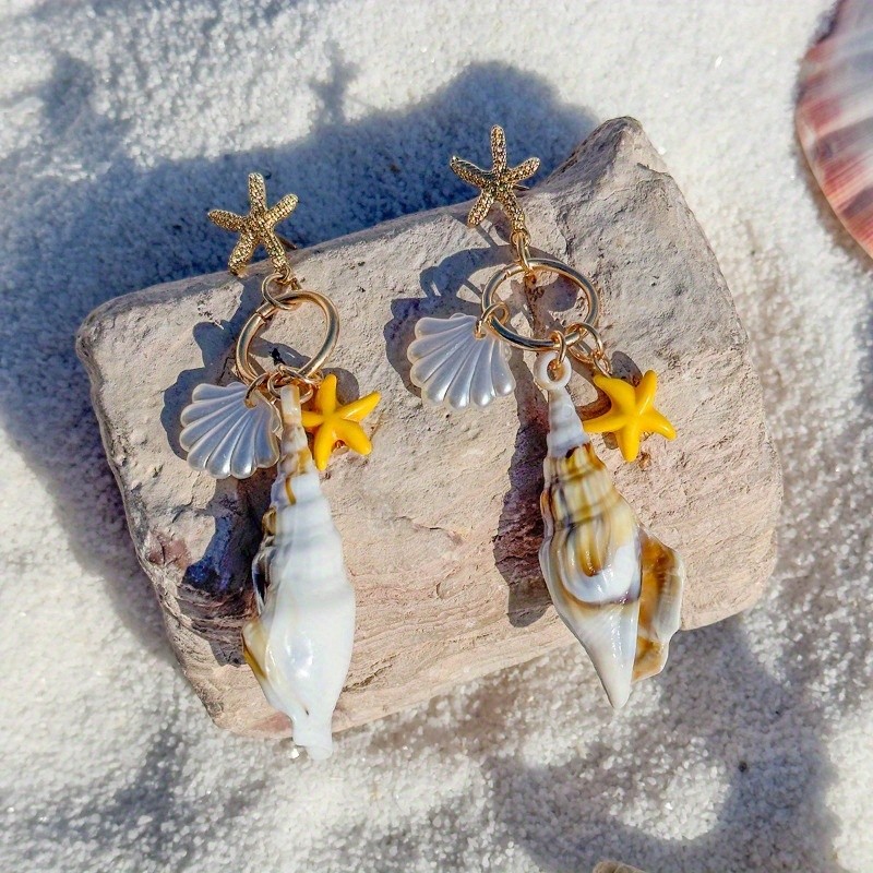 Women’s Boho Earrings Acrylic Conch Pendant Alloy Starfish Studs Fashion Jewelry