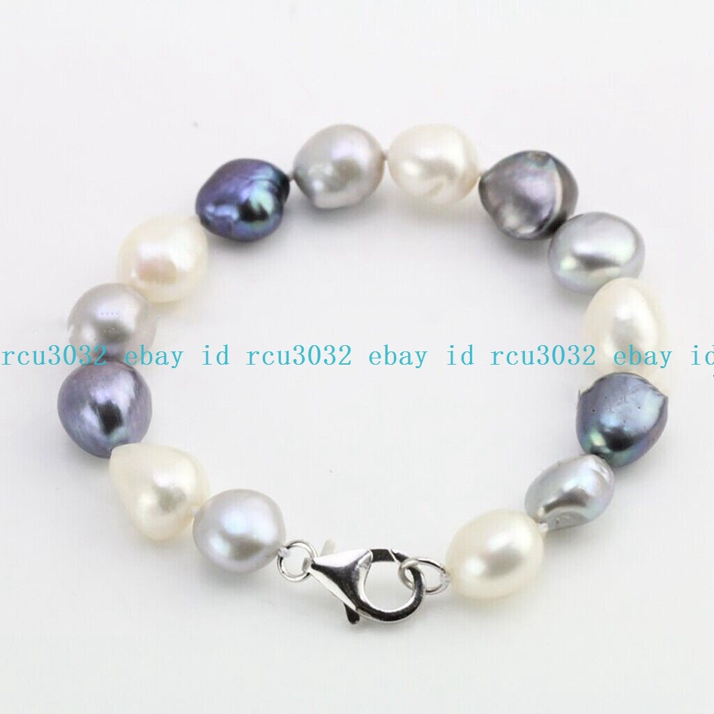 Natural 5-10mm Black White Gray Freshwater Baroque Pearl Bracelet 7.5” AA