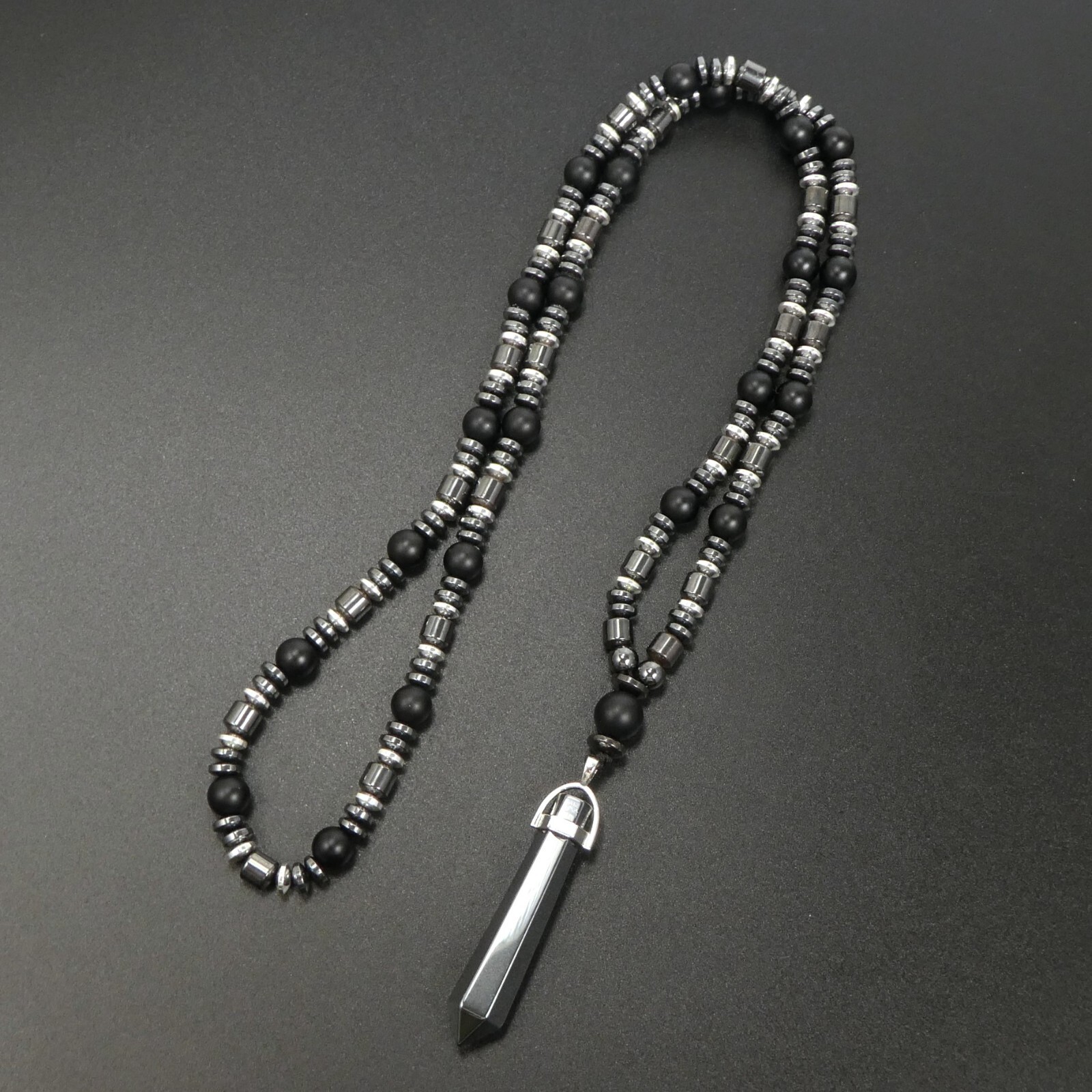 Matte Black Onyx Pointed Hematite Crystal Pendant 29″ Long Necklace Man Gift