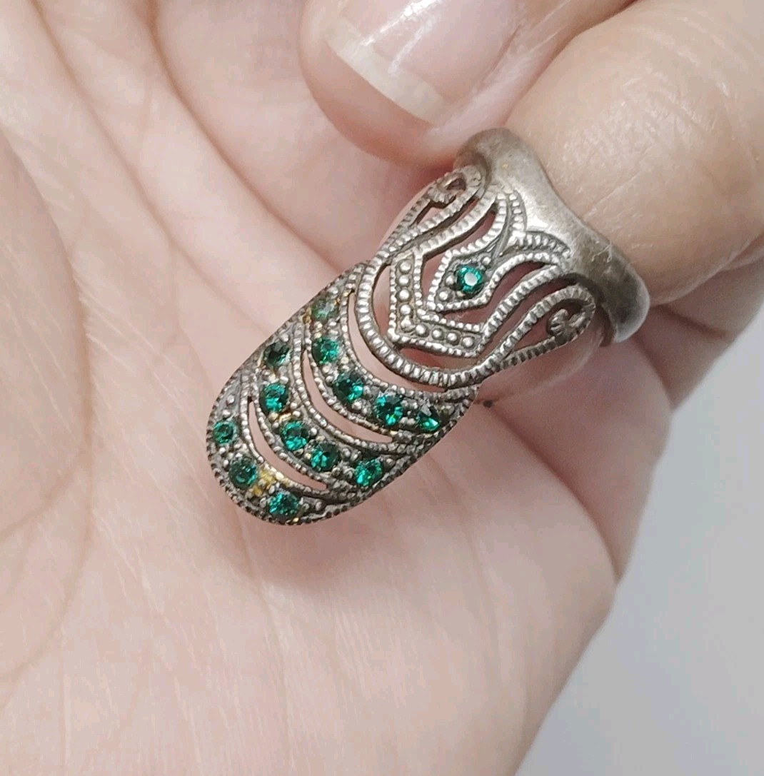 RARE Green Oxidized Sterling Silver 925 Finger Pinky Nail Ring Vintage