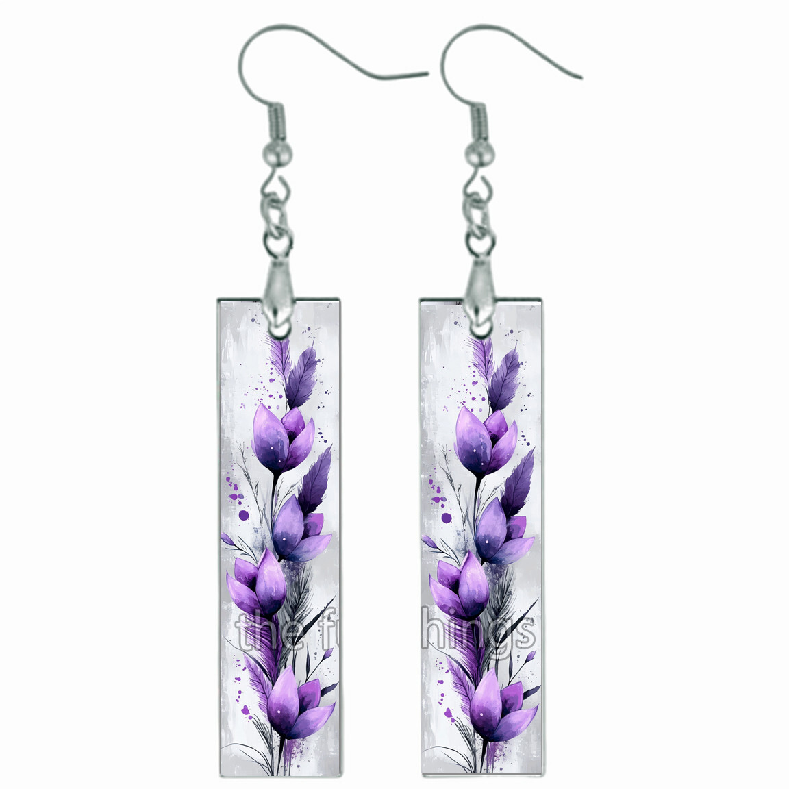 Boho Violet Tulips Art Print Bar Earrings Wood Dangle Bohemian Jewelry Gift