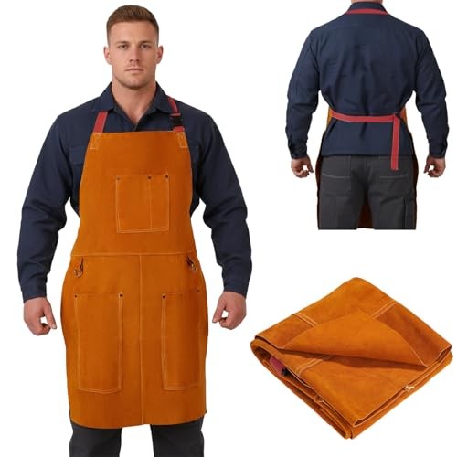 Leather Welding Apron for Men & Women, Heat & Flame Resistant Cowhide Brown