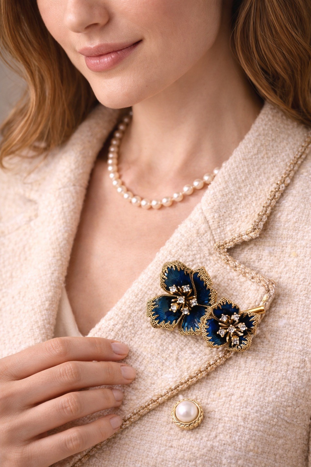 Blue Orchid Brooch, Gold Brass Flower Pin with Rhinestones