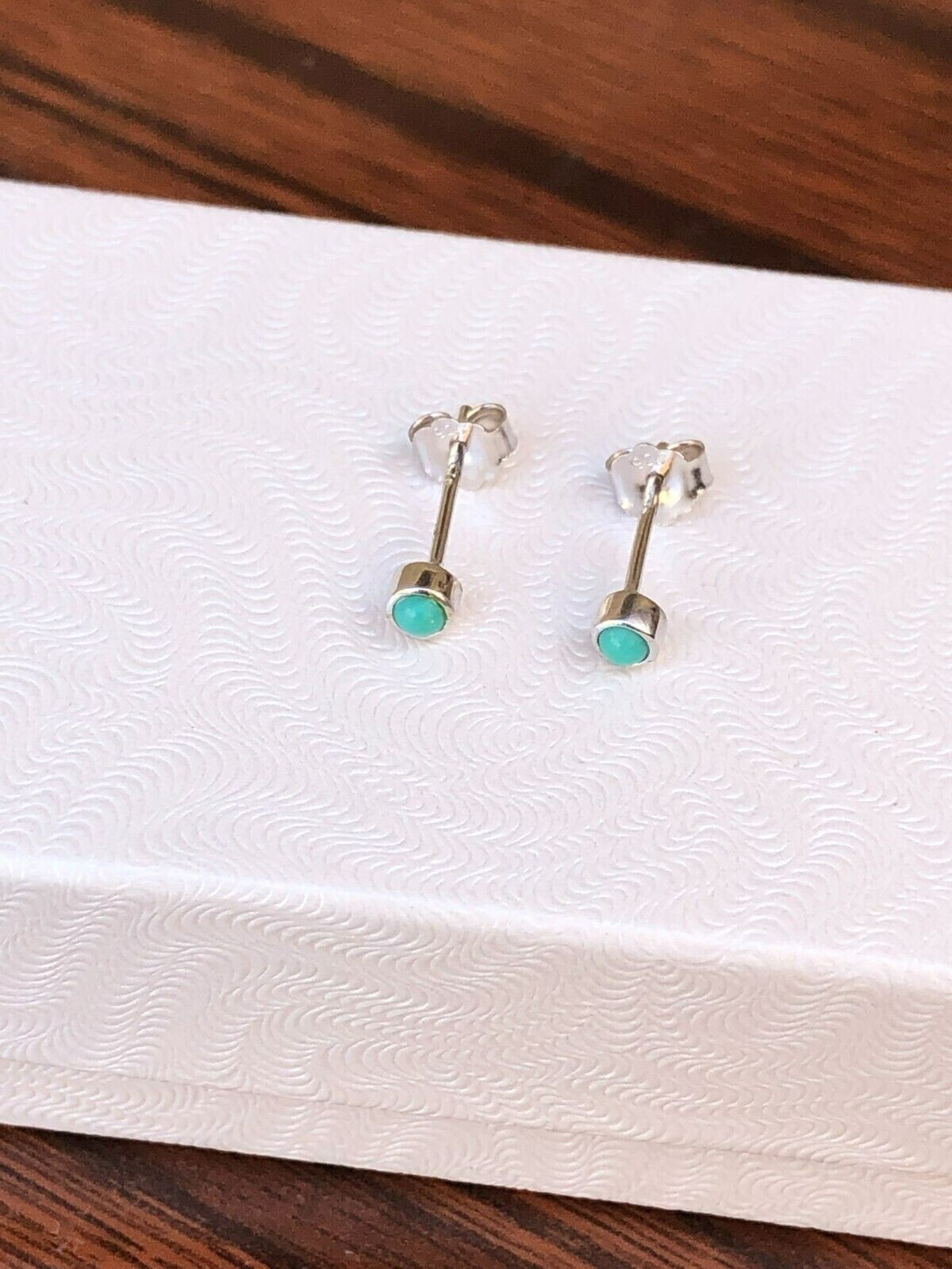 925 Sterling Silver Round Turquoise Stud Earrings TINY 2.8mm(2.2mm)