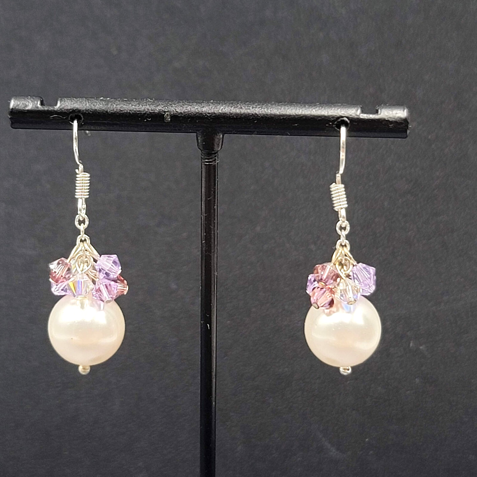 Pierced Earrings Purple Crystal Faux Pearl Beaded Dangle 1″