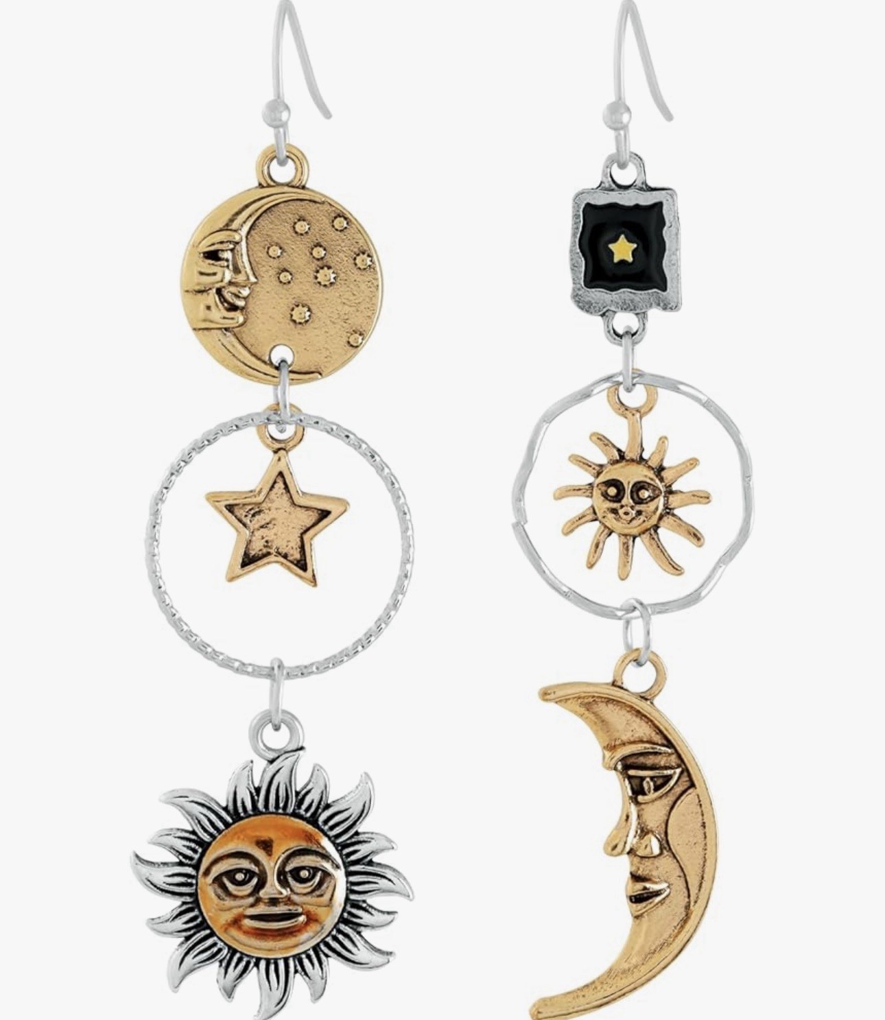 Vintage Gothic Sun Moon Star Asymmetric Drop Greek Mythology Dangle Earrings