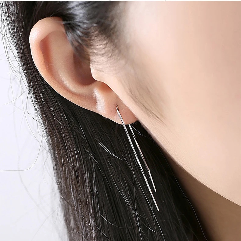 925 Sterling Silver Threader Earrings Long Chain Dangle Line Women Jewelry