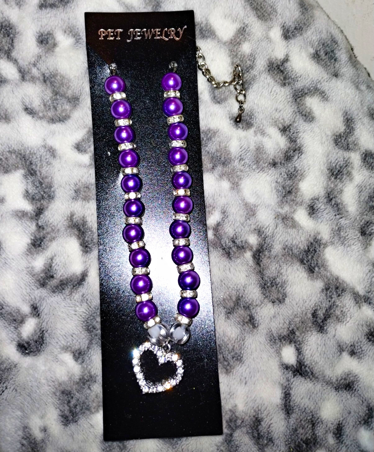 Pet Jewelry Purple Beaded Necklace Clear Rhinestone Heart Charm, Adj Cbl Chain