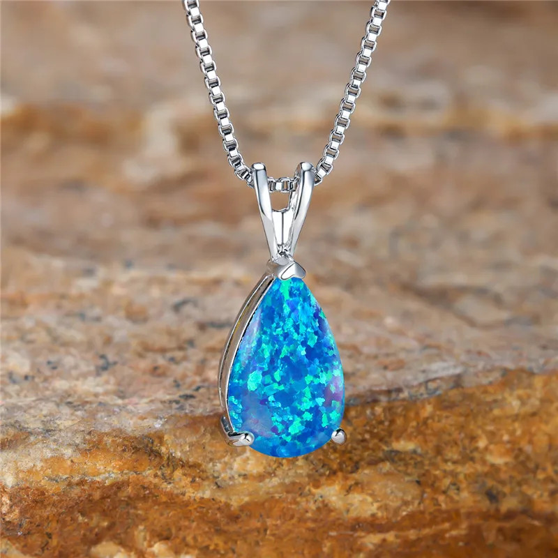 Boho Female Small Blue Green Opal Water Drop Pendant Necklace Silver Color Weddi