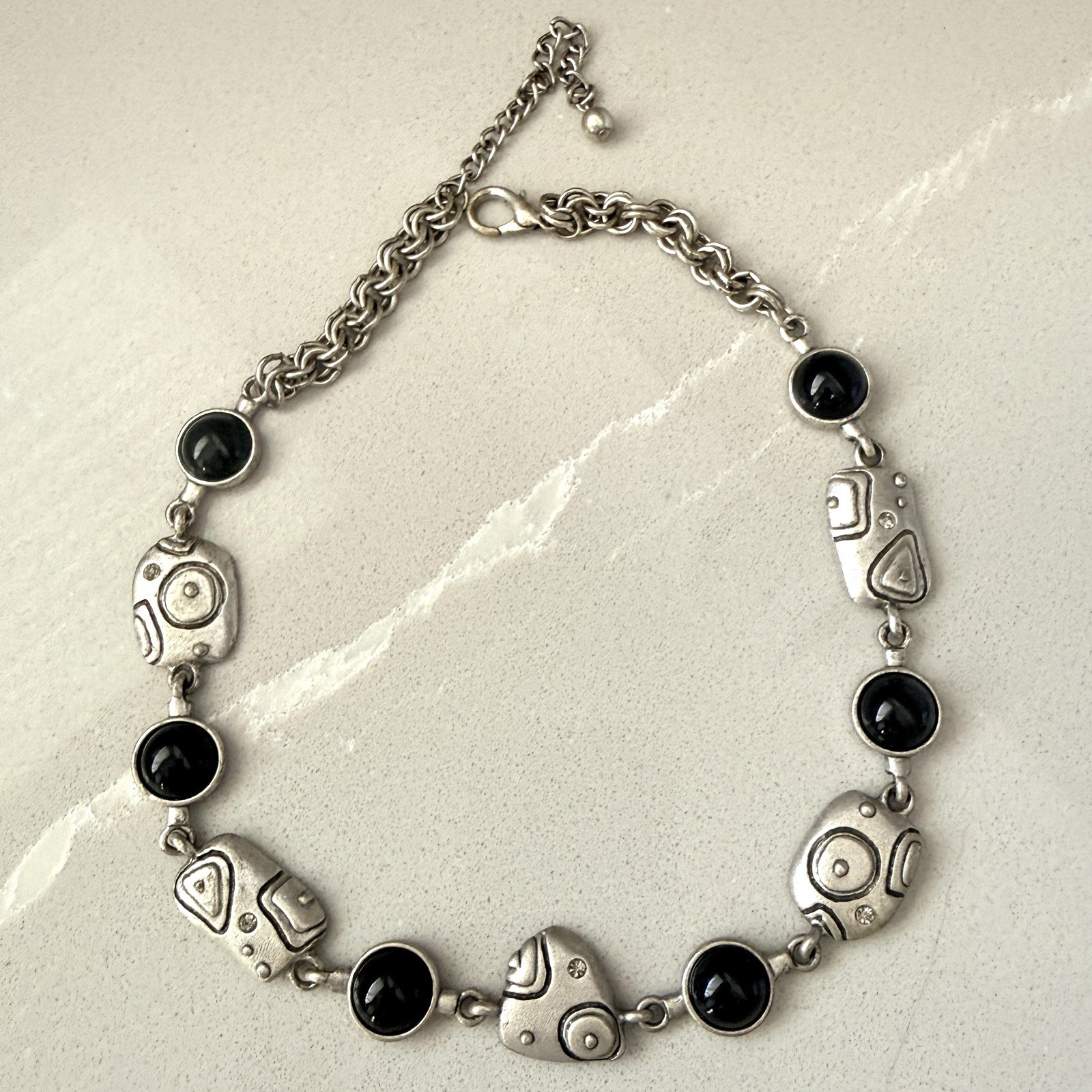 AJMC Necklace Silver- Toned Pewter Metal And Black Stone Contemporary Tribal