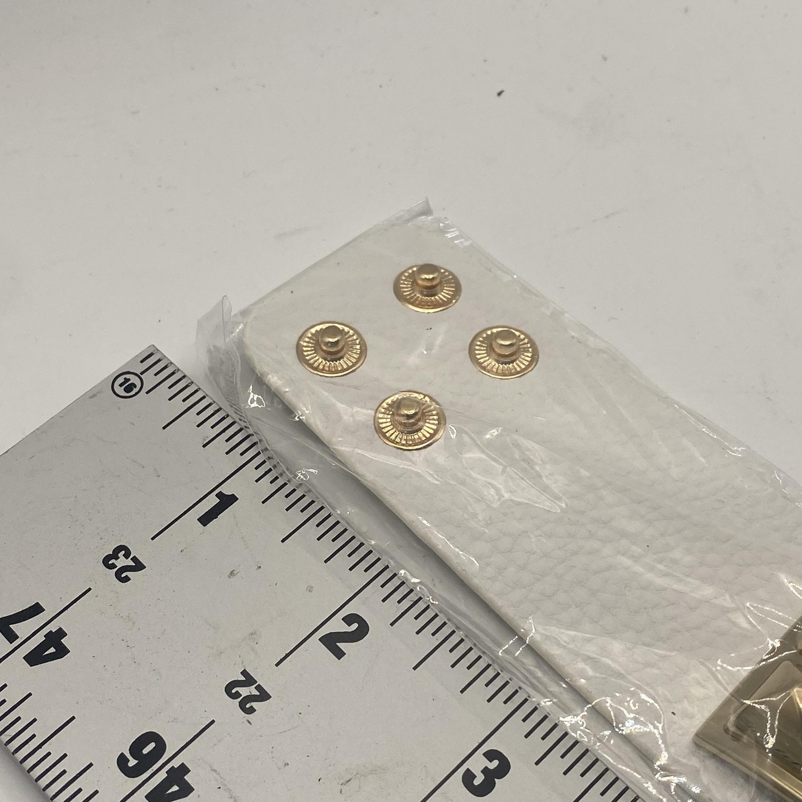 White Leather Cuff Bracelet Gold Tone Stud Plate Snap Closure 7.5 In Adjustable