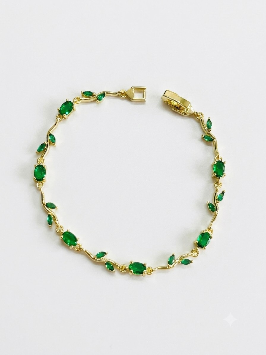 18K Gold Plated Marquise Green Stone Bracelet Vine Leaf Women Jewelry Gift 18cm