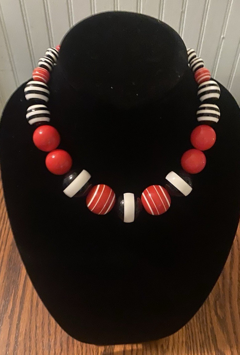 VTG Gymboree Red, Black &White Stripe Chunky Statement Bead Necklace-17″ L