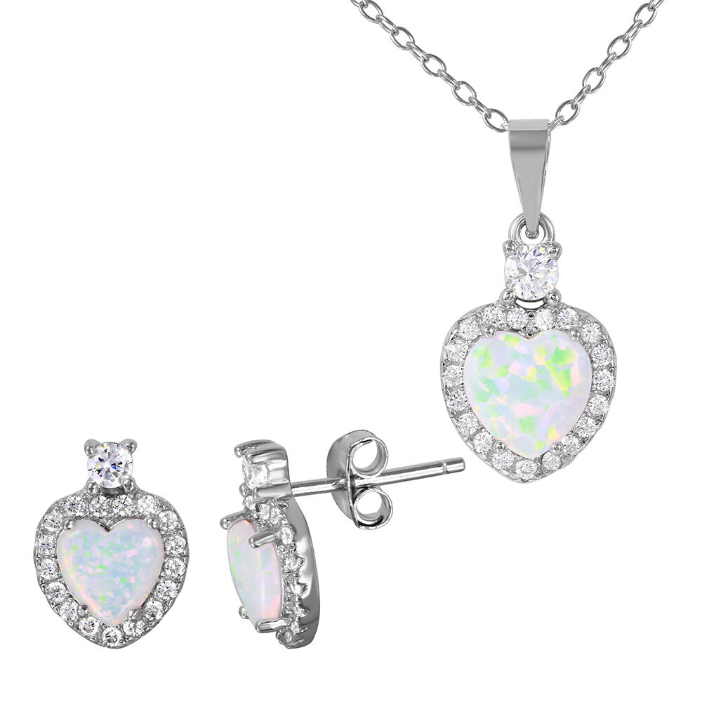 HEART OPAL CENTER NECKLACE PENDANT & EARRING SET 925 STERLING SILVER 18” CHAIN