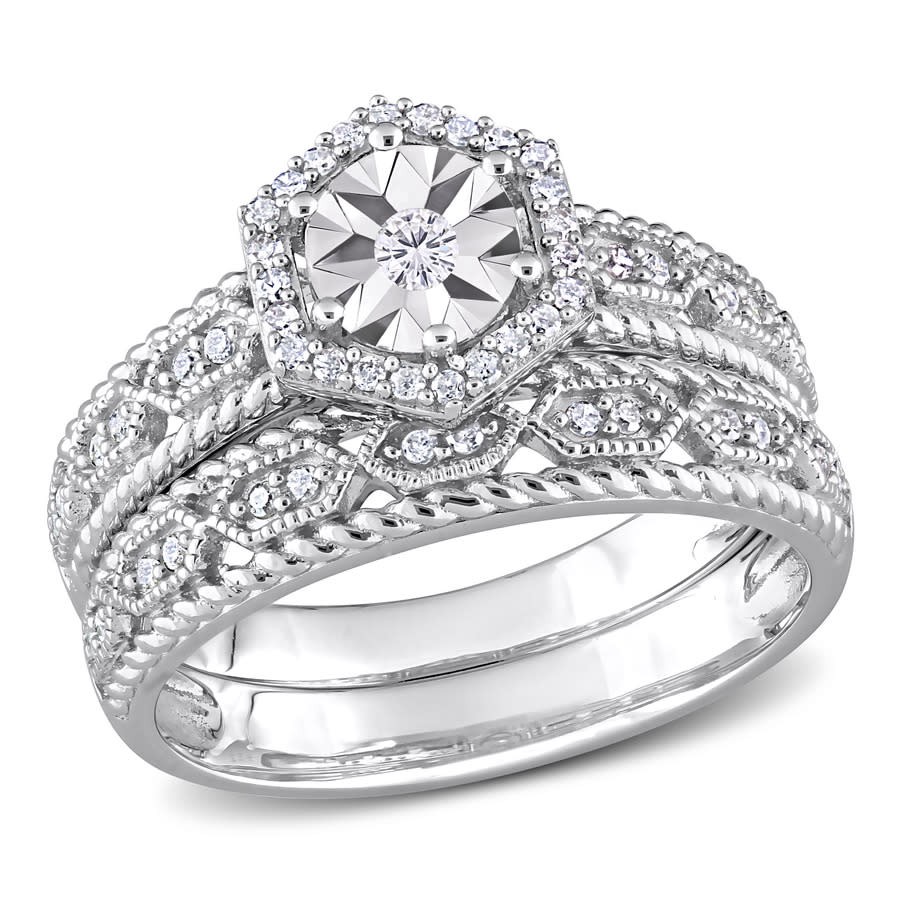 Amour Sterling Silver 1/4 CT TW Diamond Hexagon Halo Bridal Ring Set