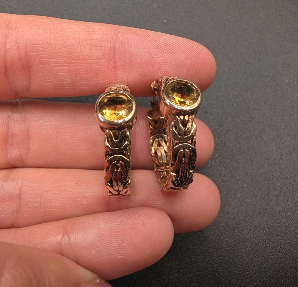 Sterling Silver Gold Vermeil Byzantine Citrine Gemstone OT Turkey Hoop Earrings