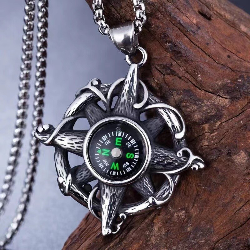Silver Nautical Compass Pendant Necklace Protection Jewelry For Men Chain 24″