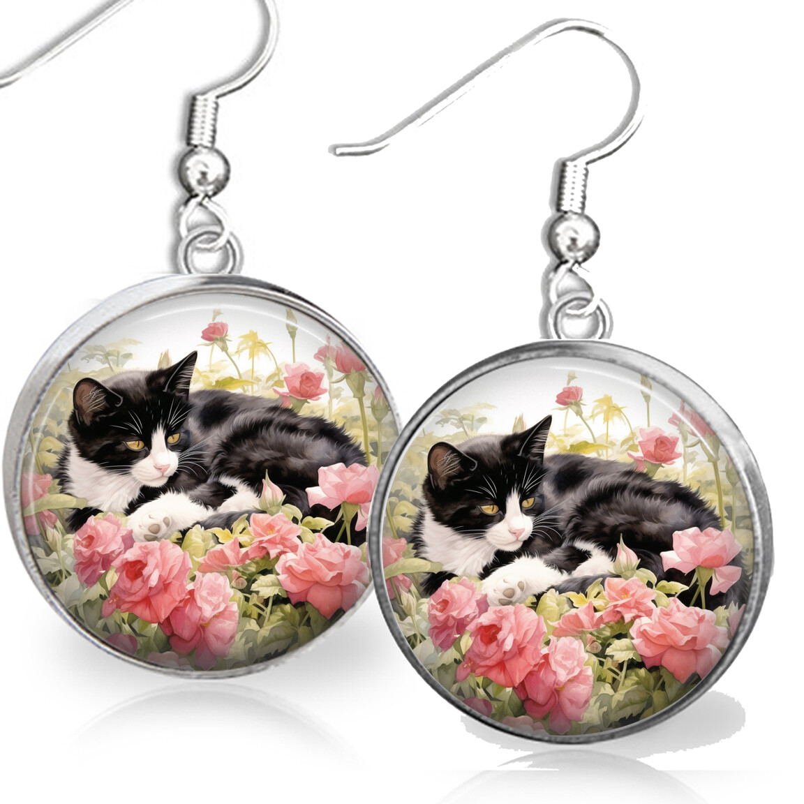 Black & White Tuxedo Cat Earrings Pink Roses Cat Mom Gift Sterling Silver Wires