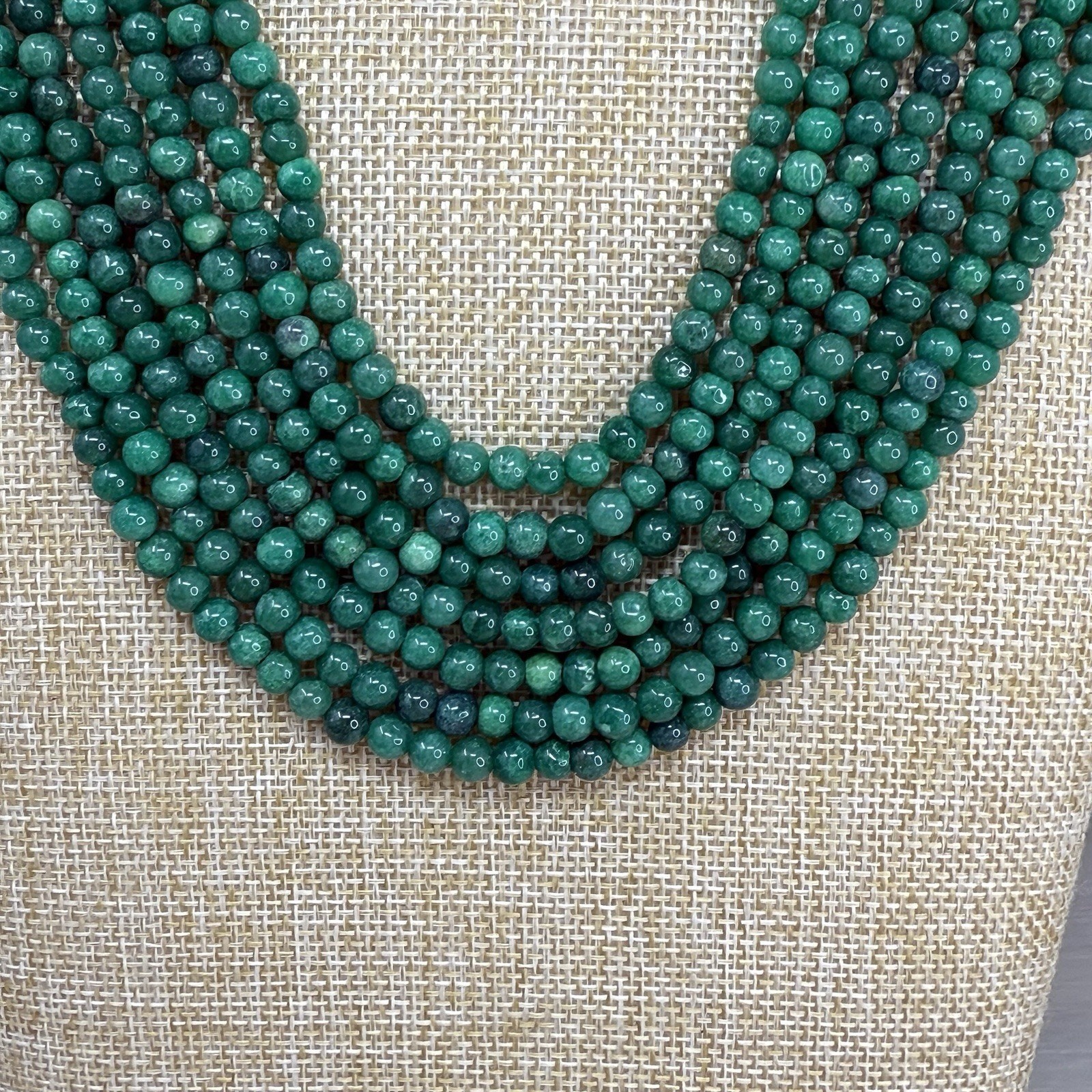 Vintage Green Emerald Gemstone 7 Multi Strand Beaded Necklace