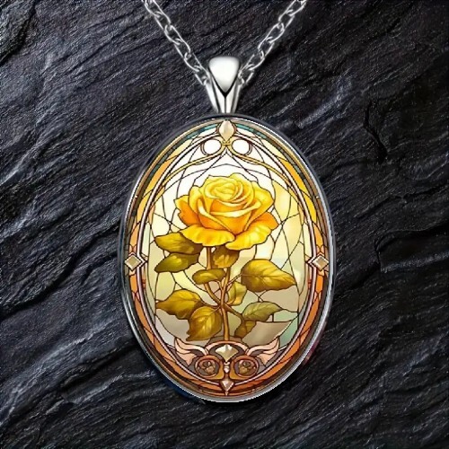 Elegant Vintage Inspired Rose Oval Pendant Necklace Jewelry