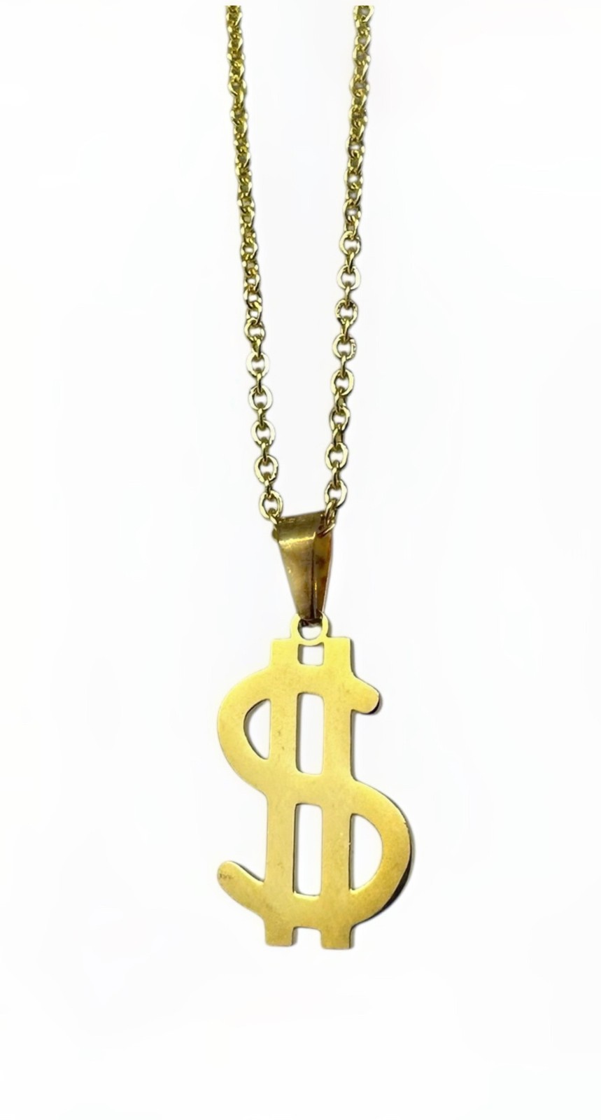 Dollar Sign Necklace Stainless Steel Pendant Chain Gold or Silver Tone Unisex