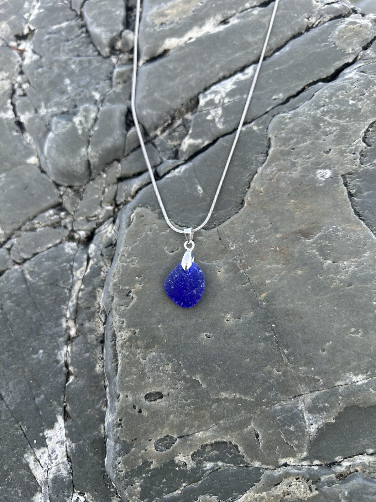 Genuine Sea Glass Necklace Cobalt Blue Snake Chain 18 Inch