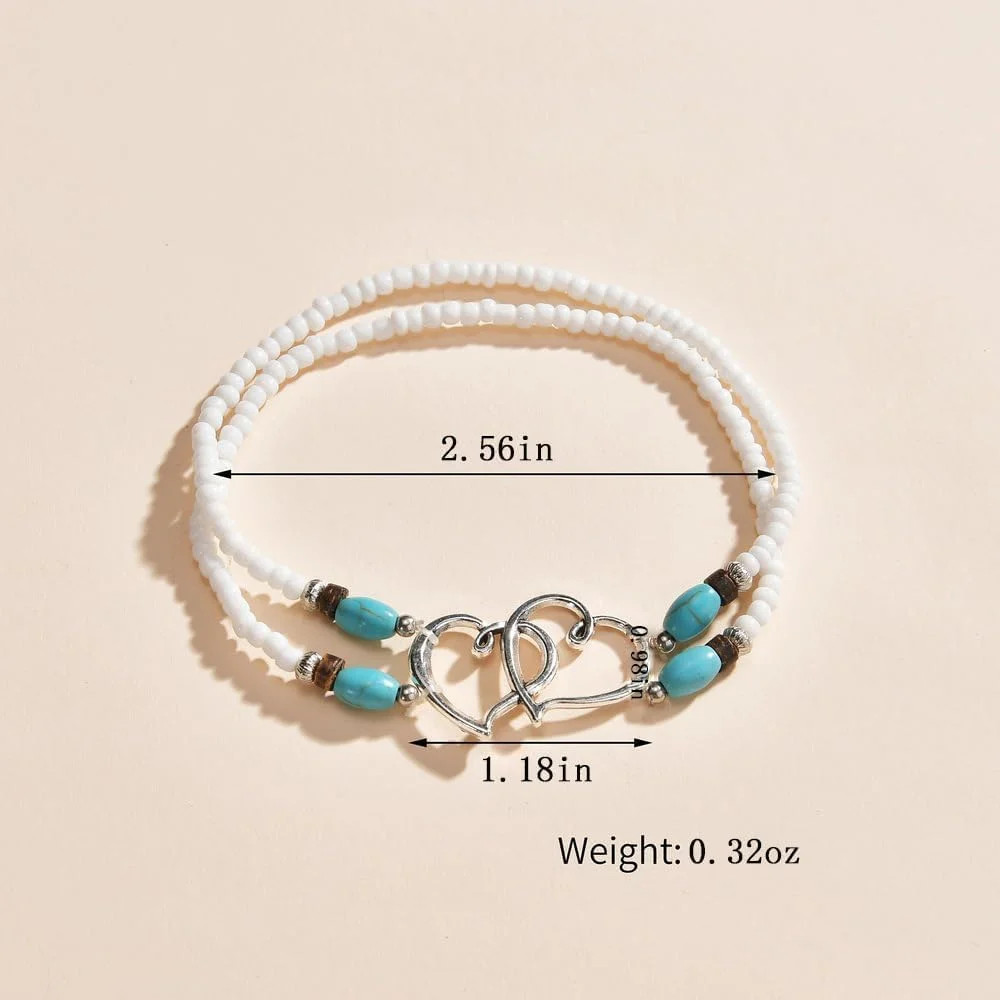 Elastic Beaded Ankle Bracelets for Women Double Heart Layered Stretch Ankle Brac