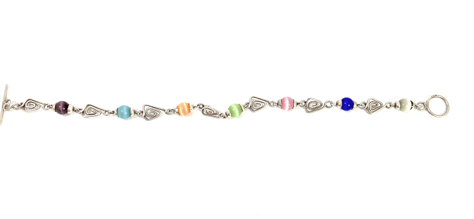 925 Silver & Multicolored Cat’s Eye Glass Triangle Link Chain Bracelet 8 in long