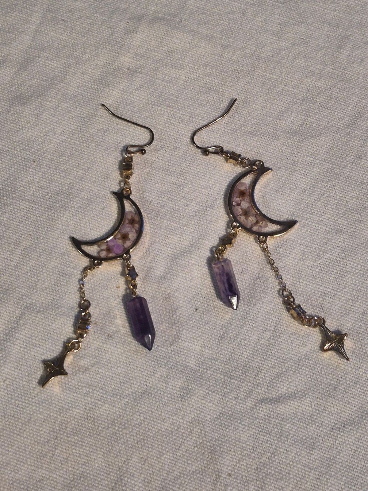 Gold Celestial Crescent Moon Resin Real Purple Flower and Faux Amethyst Crystal