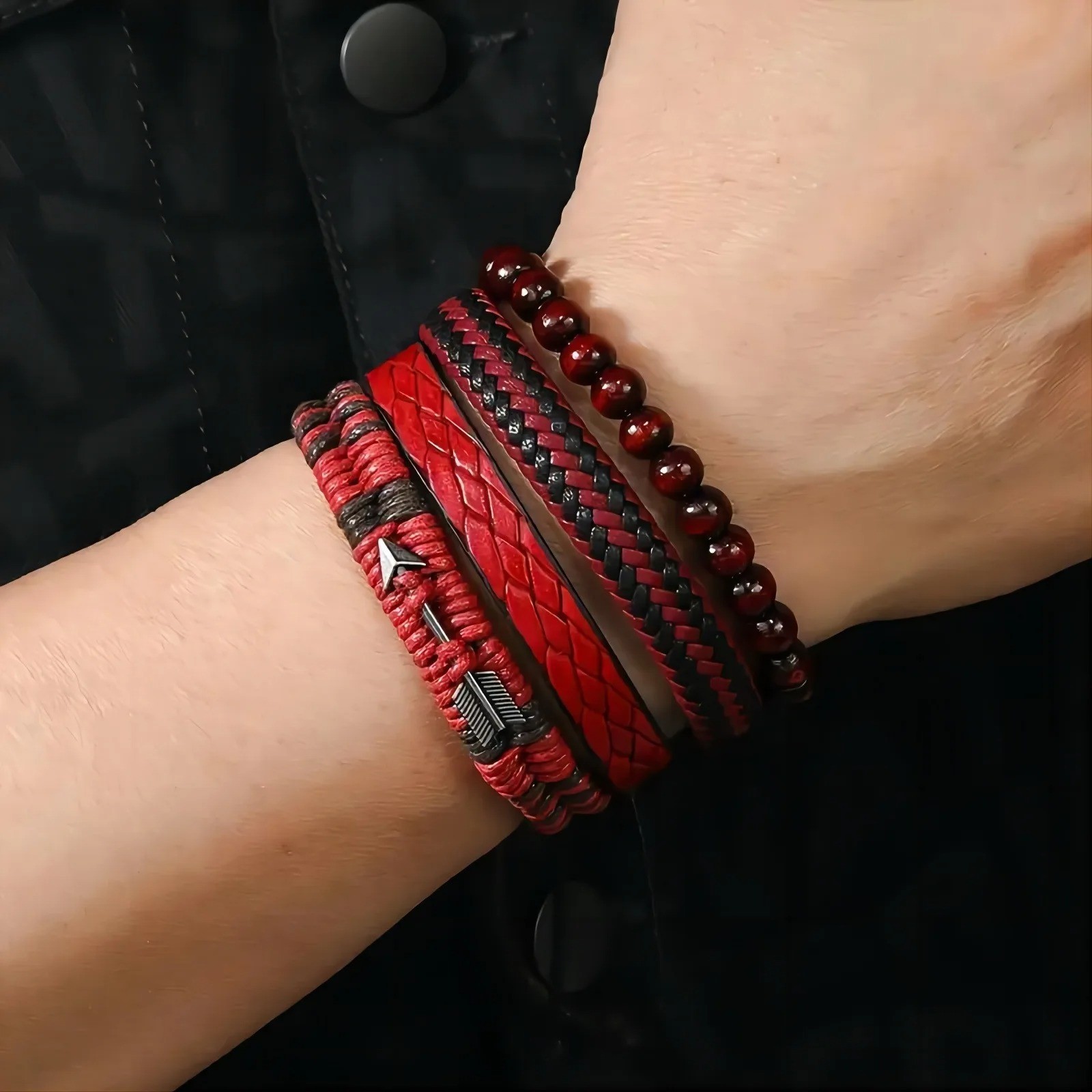 Men Vintage Leather Bracelet Cupid Arrow Wood Bead Hand Woven Retro Fashion